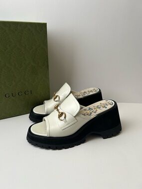 Gucci Cream Leather Platform Horsebit Clog Mules